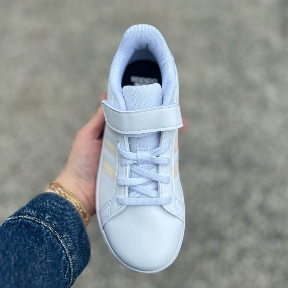 851 | Adidas Grand Court Kids Girls White Sneakers with Iridescent Stripes - Picture 4 of 10